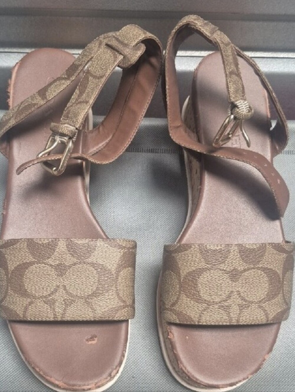 Coach Tan Signature Canvas Cork Platform Sandals